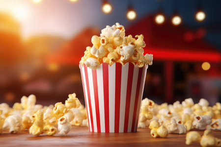 View of 3d cup of Cinema Popcorn, a bucket of popcorn on bokeh background . Ai generatedの素材