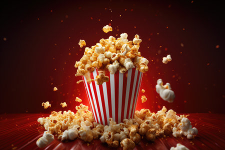 View of 3d cup of Cinema Popcorn, a bucket of popcorn on a red background . Ai generatedの素材
