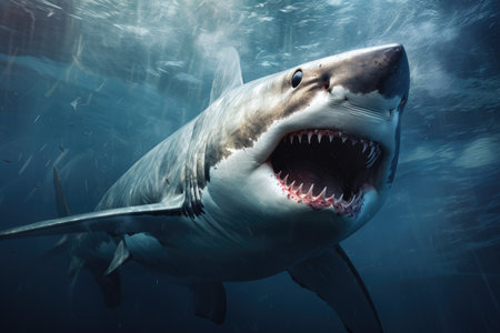 Great white shark, Great White Shark in blue ocean. Underwater photography Ai generatedの素材