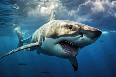 Great white shark, Great White Shark in blue ocean. Underwater photography Ai generatedの素材