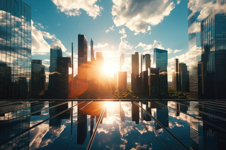 Reflective Skyscrapers Business office buildings, Reflective skyscrapers, business office buildings. low angle view of skyscrapers in city, sunny day. Business wallpaper. Ai generatedの素材