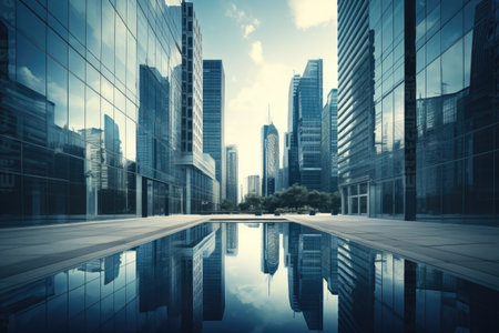 Reflective Skyscrapers Business office buildings, Reflective skyscrapers, business office buildings. low angle view of skyscrapers in city, sunny day. Business wallpaper. Ai generatedの素材