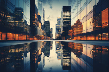 Reflective Skyscrapers Business office buildings, Reflective skyscrapers, business office buildings. low angle view of skyscrapers in city, sunny day. Business wallpaper. Ai generatedの素材