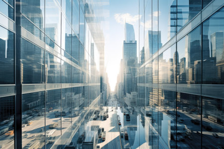 Reflective Skyscrapers Business office buildings, Reflective skyscrapers, business office buildings. low angle view of skyscrapers in city, sunny day. Business wallpaper. Ai generatedの素材