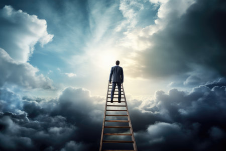 A businessman standing on a ladder and looking at the sky, a Businessman standing on a ladder and looking at the sky with clouds. Ai generatedの素材