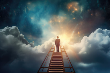 A businessman standing on a ladder and looking at the sky, a Businessman standing on a ladder and looking at the sky with clouds. Ai generatedの素材