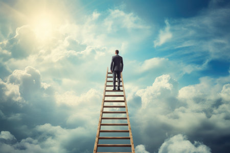 A businessman standing on a ladder and looking at the sky, a Businessman standing on a ladder and looking at the sky with clouds. Ai generatedの素材