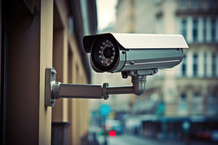 CCTV bullet cameras and CCTV surveillance cameras in Modern Office Buildings. Ai generatedの素材