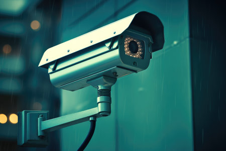 CCTV bullet cameras and CCTV surveillance cameras in Modern Office Buildings. Ai generatedの素材