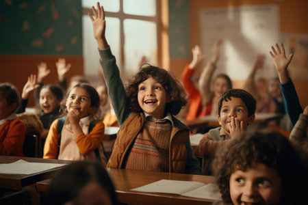 Colorful classroom filled with students raise their hands to answer in the classroom. Back To School concept. Ai generatedの素材