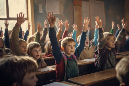 Colorful classroom filled with students raise their hands to answer in the classroom. Back To School concept. Ai generatedの素材