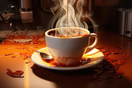 Black coffee in a luxurious cup with smoke and coffee beans on wooden table, AI generatedの素材