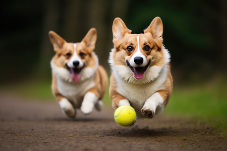 Two Welsh corgi dogs running with a ball, Energetic dogs running after a ball on a sunny day, AI generatedの素材