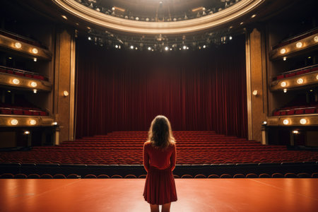A young woman standing in front of a stage in a theater, Back view of a girl in a red dress on the background of the concert hall, Ai generatedの素材
