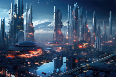 Futuristic smart city with towering buildings, Futuristic cityscape creative concept illustration with fantastic skyscrapers, towers, tall buildings, Ai generatedの素材