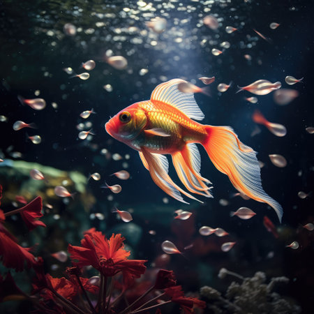 Goldfish in the aquarium Beautiful underwater, The tank is filled with beautiful and colorful small fish that are swimming around, Ai generatedの素材
