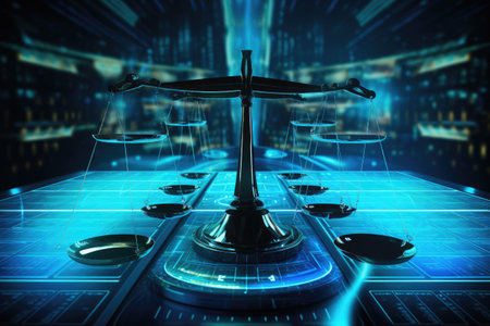 Law scales on background of data center, Law scales on background of data center. Digital law concept of duality of Judiciary, Jurisprudence, Ai generatedの素材