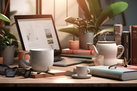 Modern workspace with computer coffee cup, workspace office room meeting table lid opened computer laptop background blank, Ai generatedの素材