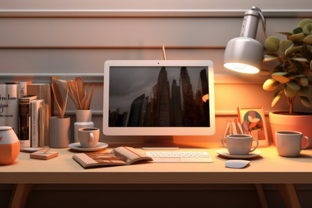 Modern workspace with computer coffee cup, workspace office room meeting table lid opened computer laptop background blank, Ai generatedの素材