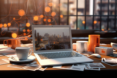 Modern workspace with computer coffee cup, workspace office room meeting table lid opened computer laptop background blank, Ai generatedの素材