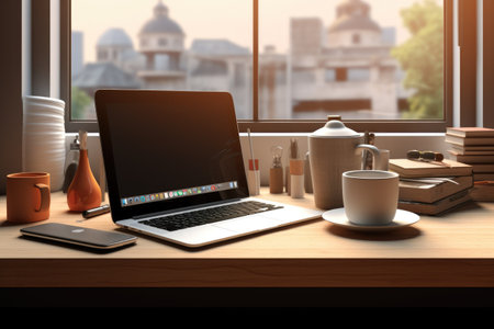 Modern workspace with computer coffee cup, workspace office room meeting table lid opened computer laptop background blank, Ai generatedの素材