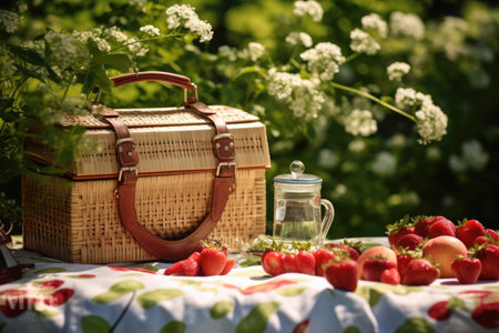 Picnic basket on the tablecloth in summer garden, Summer picnic background. Cute Wicker basket with foods, fruits. the tablecloth on the grass, Ai generatedの素材