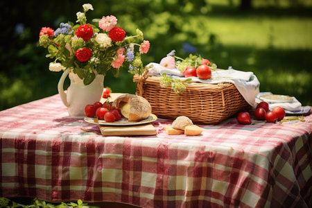 Picnic basket on the tablecloth in summer garden, Summer picnic background. Cute Wicker basket with foods, fruits. the tablecloth on the grass, Ai generatedの素材