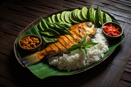 Rice with fish and vegetables on a banana leaf, Colorful Asian Traditional Meal on a Banana Leaf, Ai generatedの素材