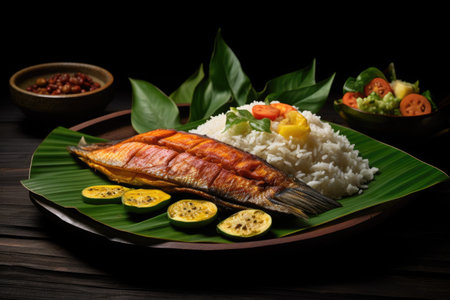 Rice with fish and vegetables on a banana leaf, Colorful Asian Traditional Meal on a Banana Leaf, Ai generatedの素材