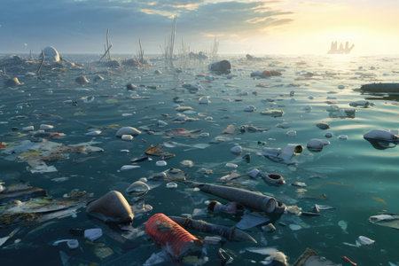 Polluted Sea, Global Pollution Concept, Plastic ecology ocean sea water underwater pollution trash. Eco world problem,Ai generatedの素材