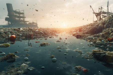 Polluted Sea, Global Pollution Concept, Plastic ecology ocean sea water underwater pollution trash. Eco world problem,Ai generatedの素材