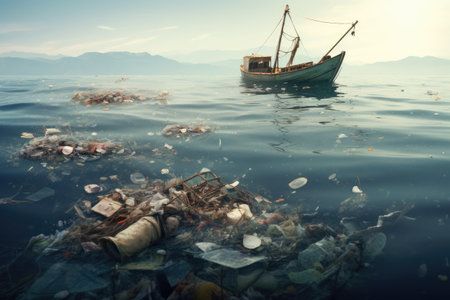 Polluted Sea, Global Pollution Concept, Plastic ecology ocean sea water underwater pollution trash. Eco world problem,Ai generatedの素材