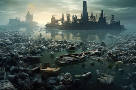 Polluted Sea, Global Pollution Concept, Plastic ecology ocean sea water underwater pollution trash. Eco world problem,Ai generatedの素材