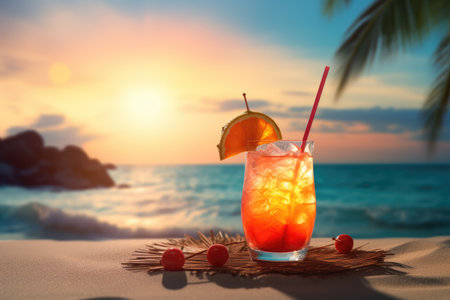 Summer vacation concept Cocktail on the beach, summer vacation concept. Party, Vacations, summer holidays, summertime., Ai generatedの素材