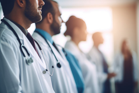 Team of doctor in a hospital background, Hospital medical team banner with group of smiling healthy doctors and nurses, Ai generatedの素材