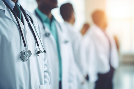 Team of doctor in a hospital background, Hospital medical team banner with group of smiling healthy doctors and nurses, Ai generatedの素材
