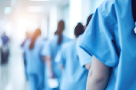 Team of doctor in a hospital background, Hospital medical team banner with group of smiling healthy doctors and nurses, Ai generatedの素材