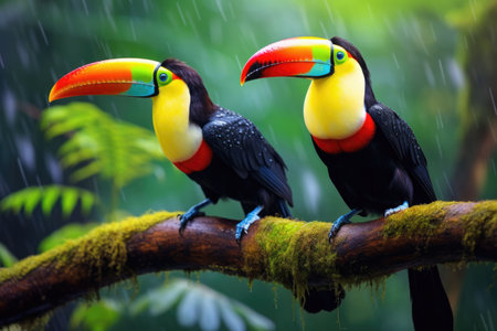 Two toucans sitting on a branch in the rainforest, toucan tropical bird sitting on a tree branch in natural wildlife environment, Ai generatedの素材