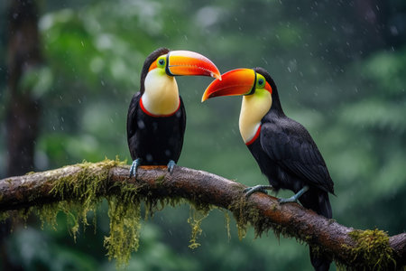 Two toucans sitting on a branch in the rainforest, toucan tropical bird sitting on a tree branch in natural wildlife environment, Ai generatedの素材