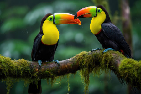 Two toucans sitting on a branch in the rainforest, toucan tropical bird sitting on a tree branch in natural wildlife environment, Ai generatedの素材