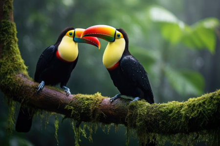 Two toucans sitting on a branch in the rainforest, toucan tropical bird sitting on a tree branch in natural wildlife environment, Ai generatedの素材
