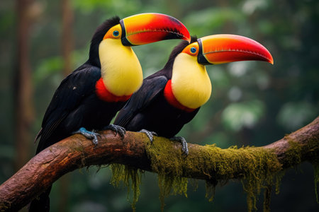Two toucans sitting on a branch in the rainforest, toucan tropical bird sitting on a tree branch in natural wildlife environment, Ai generatedの素材