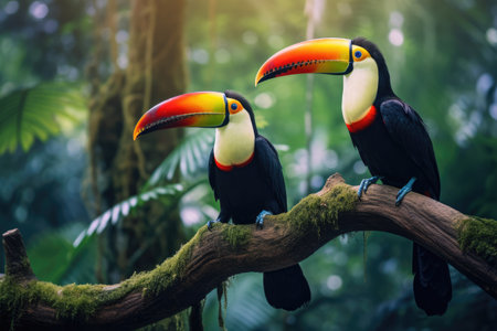 Two toucans sitting on a branch in the rainforest, toucan tropical bird sitting on a tree branch in natural wildlife environment, Ai generatedの素材