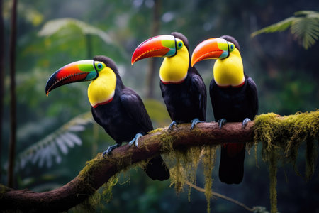 Two toucans sitting on a branch in the rainforest, toucan tropical bird sitting on a tree branch in natural wildlife environment, Ai generatedの素材