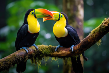 Two toucans sitting on a branch in the rainforest, toucan tropical bird sitting on a tree branch in natural wildlife environment, Ai generatedの素材