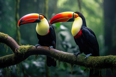 Two toucans sitting on a branch in the rainforest, toucan tropical bird sitting on a tree branch in natural wildlife environment, Ai generatedの素材