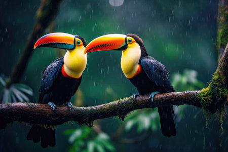 Two toucans sitting on a branch in the rainforest, toucan tropical bird sitting on a tree branch in natural wildlife environment, Ai generatedの素材