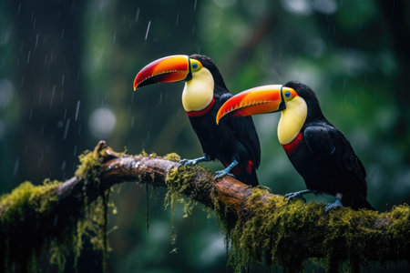Two toucans sitting on a branch in the rainforest, toucan tropical bird sitting on a tree branch in natural wildlife environment, Ai generatedの素材