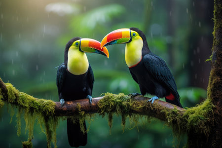 Two toucans sitting on a branch in the rainforest, toucan tropical bird sitting on a tree branch in natural wildlife environment, Ai generatedの素材