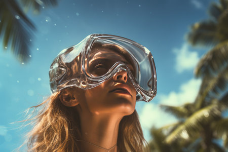 Young woman wearing snorkeling gear underwater, Underwater background of a woman snorkeling and doing freediving, Ai generatedの素材